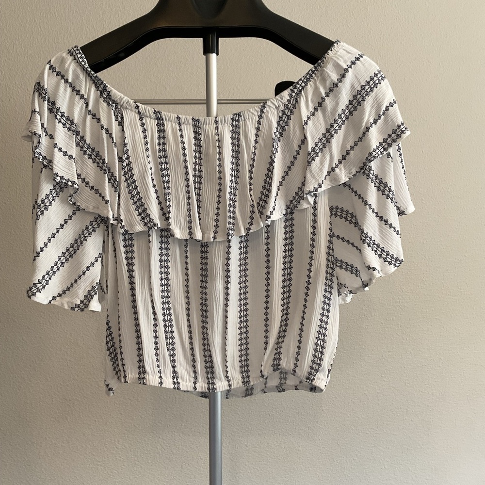 Black and White Ruffled Flutter Sleeve Off the Shoulder Blouse
